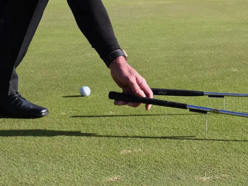 A golfer setting a club down on the green