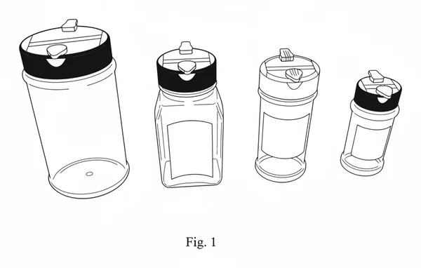 Patent drawing of tabs fitted to four containers